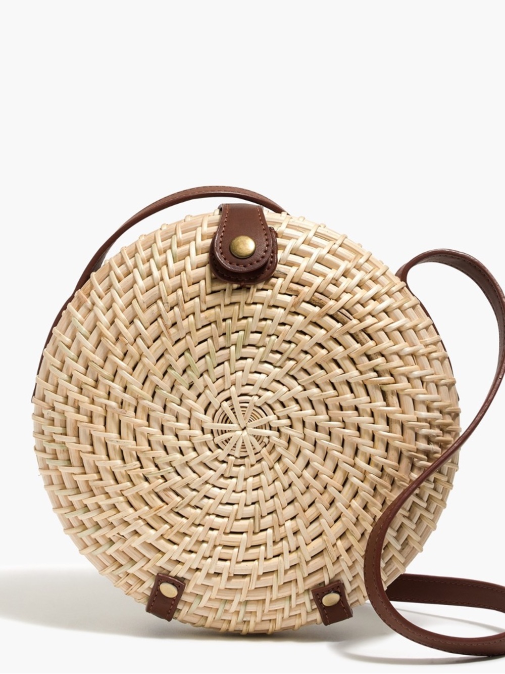 J. Crew Natural Woven Round Crossbody with Brown Leather Trim